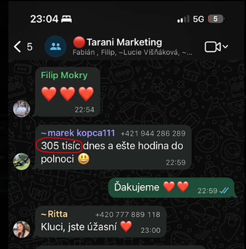 WhatsApp group Tarani Marketing — €305K in daily revenue and still an hour until midnight